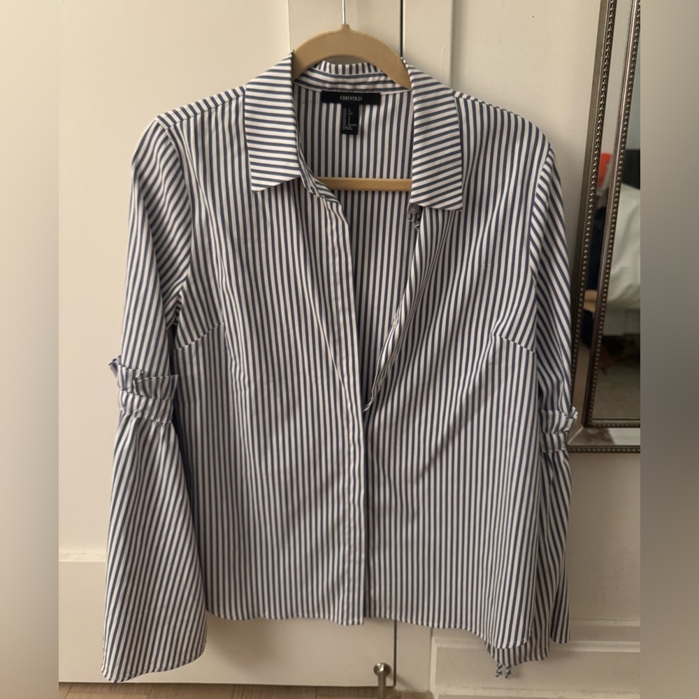 Forever 21 Navy and White Striped Dress Shirt